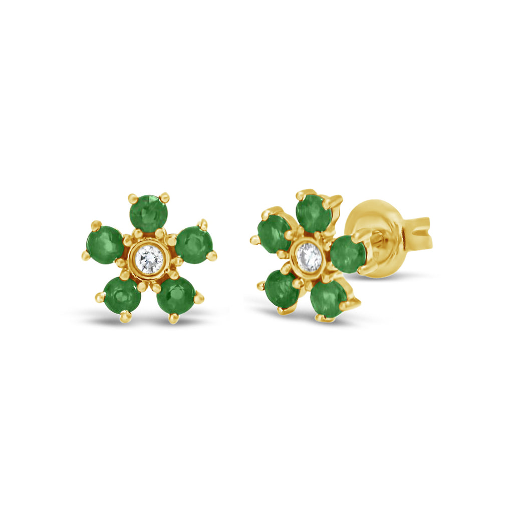 14k Yellow Gold Emerald and Diamond Flower Stud Earrings