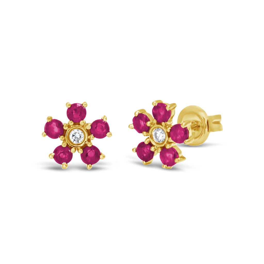 14k Yellow Gold Ruby Flower Stud Earrings