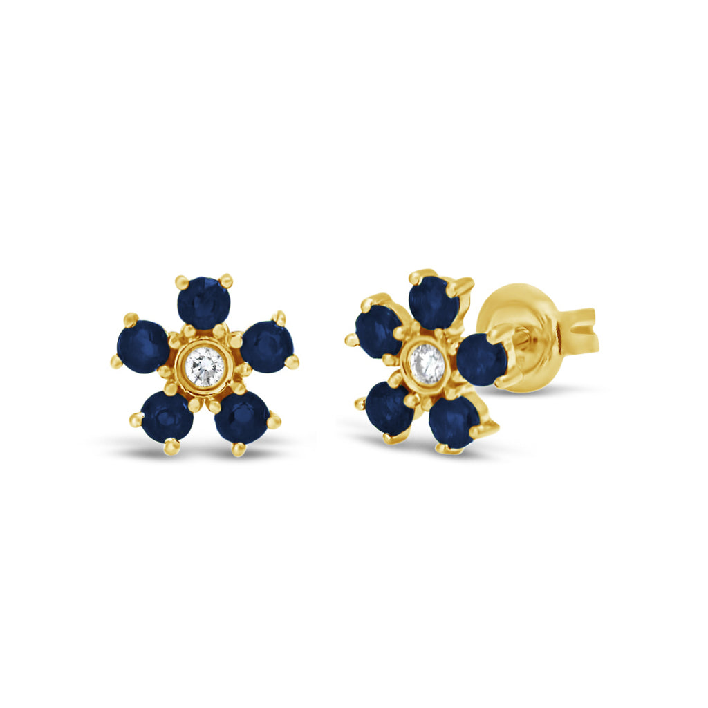 14k Yellow Gold Blue Sapphire and Diamond Flower Stud Earrings