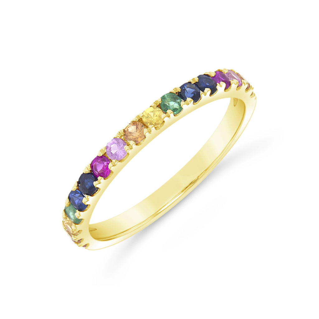 14k Yellow Gold Multi-Colored Gem Rainbow Band Ring