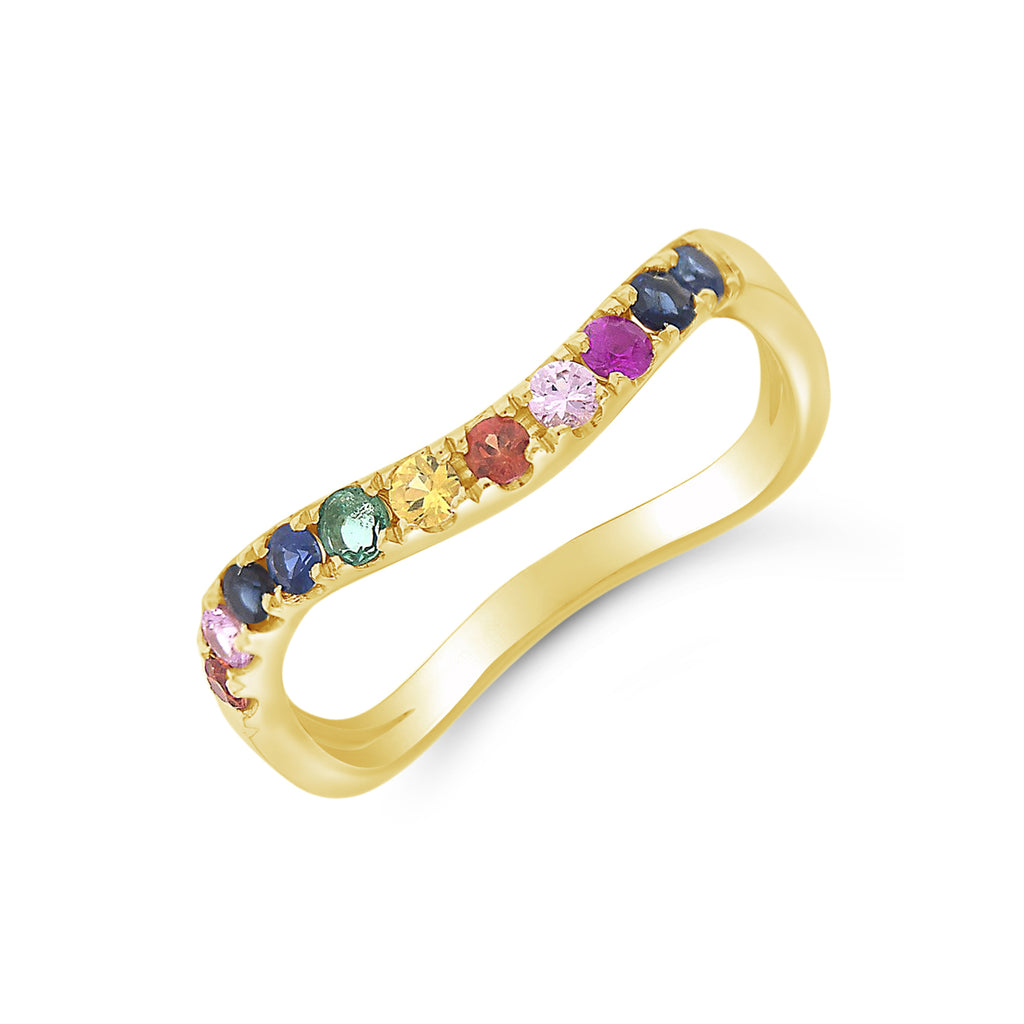 14k Yellow Gold Multi-Colored Gem Rainbow Curved Band Ring