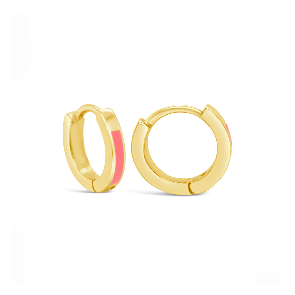 14k Yellow Gold Pink Enamel Huggie Earrings