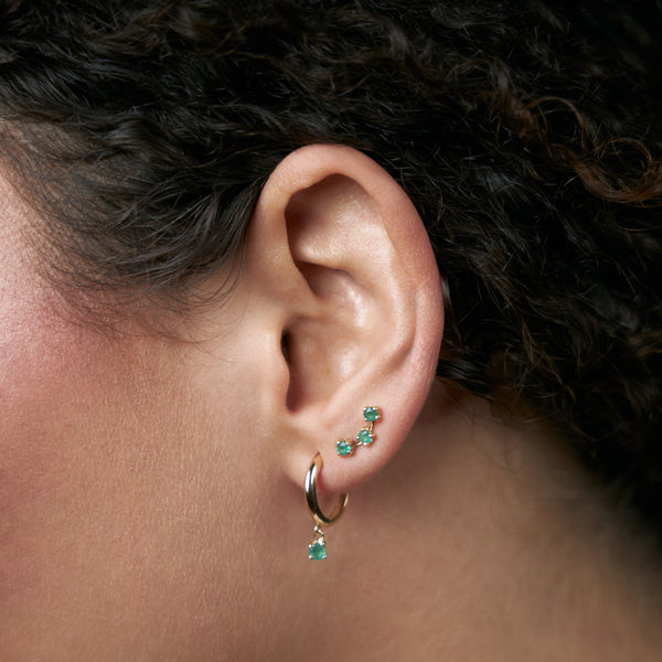 18K Yellow Gold Emerald Ear Climber Stud Earrings