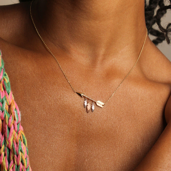 14k Tri Color Gold Arrow & Feather Necklace