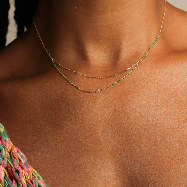 14k Yellow Gold Layered Green Enamel Bead and Chain Necklace