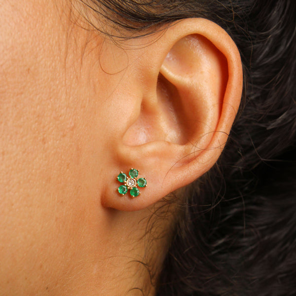 14k Yellow Gold Emerald and Diamond Flower Stud Earrings