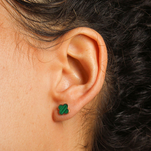 14k Yellow Gold Malachite Clover Stud Earrings