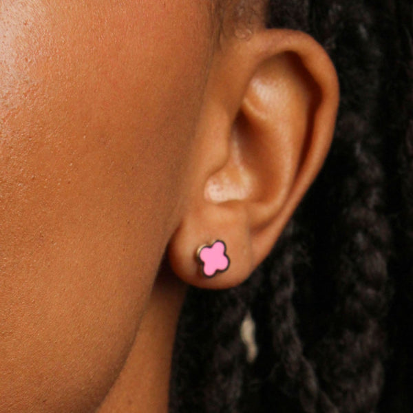 14k Yellow Gold Pink Clover Stud Earrings