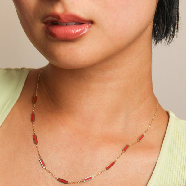 14k Yellow Gold Coral Bar Station Necklace