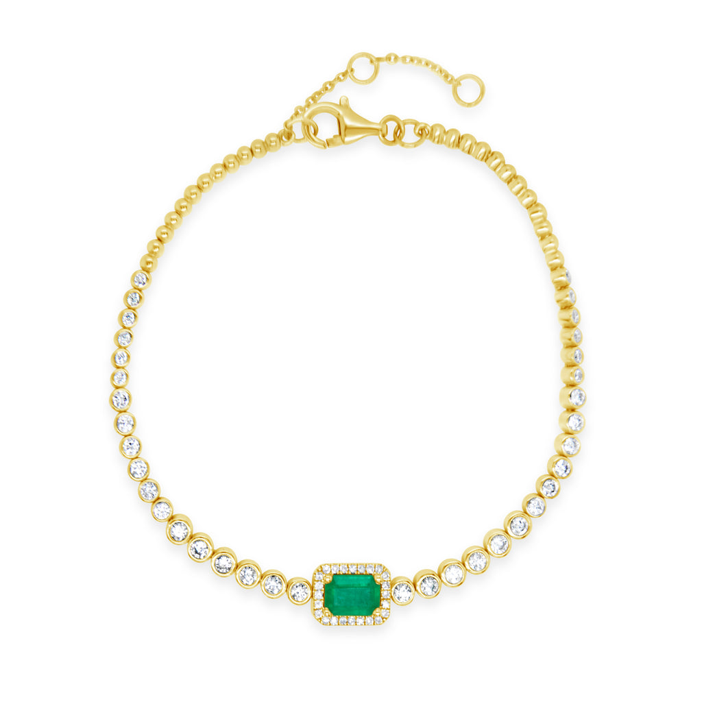 14k Yellow Gold Bezel Emerald Cut Emerald and Diamond Bracelet