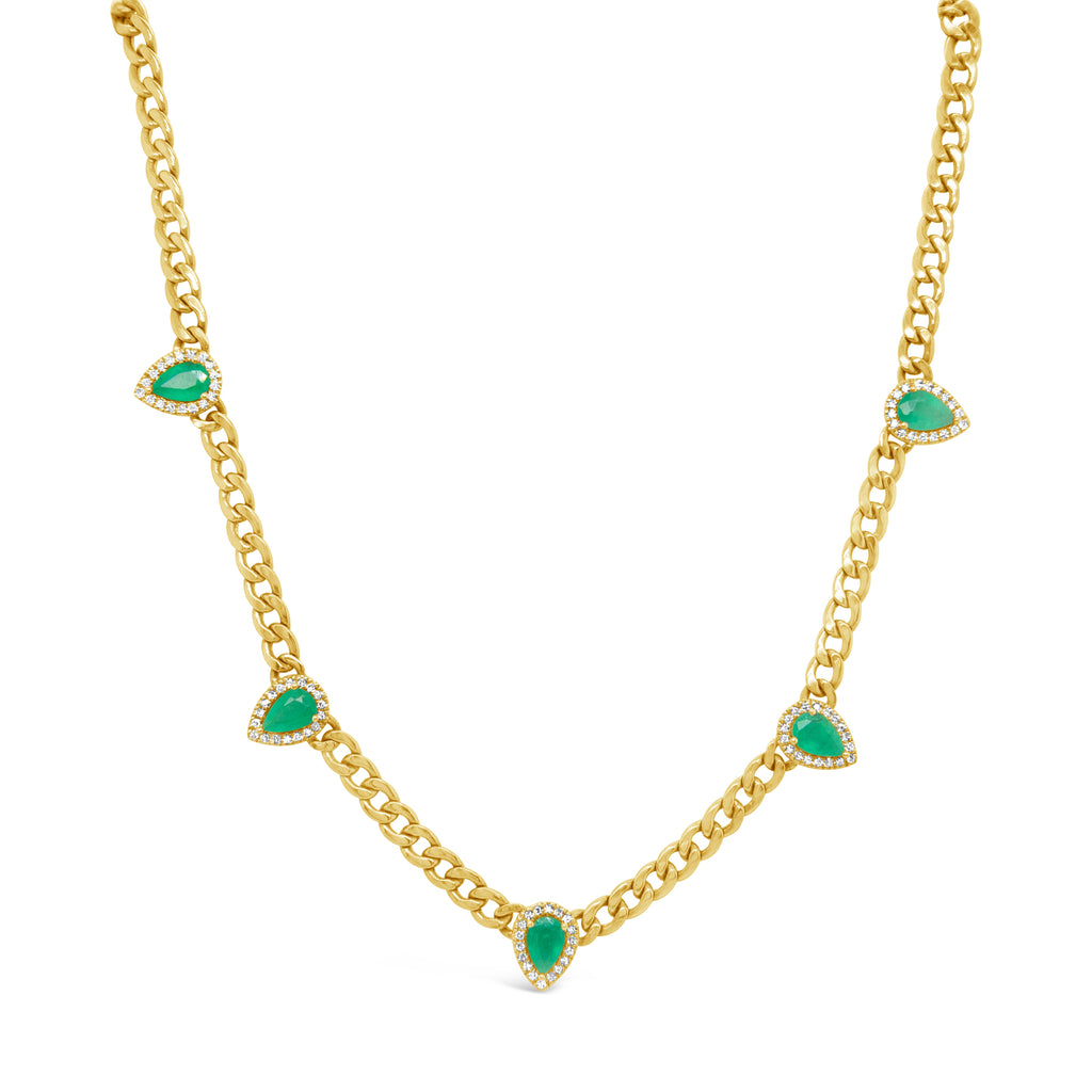 14k Yellow Gold Pear Shape Emeralds and Diamonds Curb Link Chain Necklace