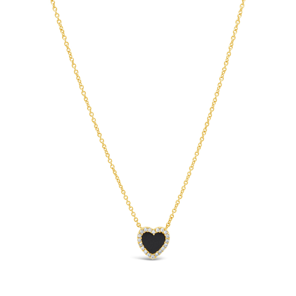 14k Yellow Gold Small Black Onyx and Diamond Heart  Necklace