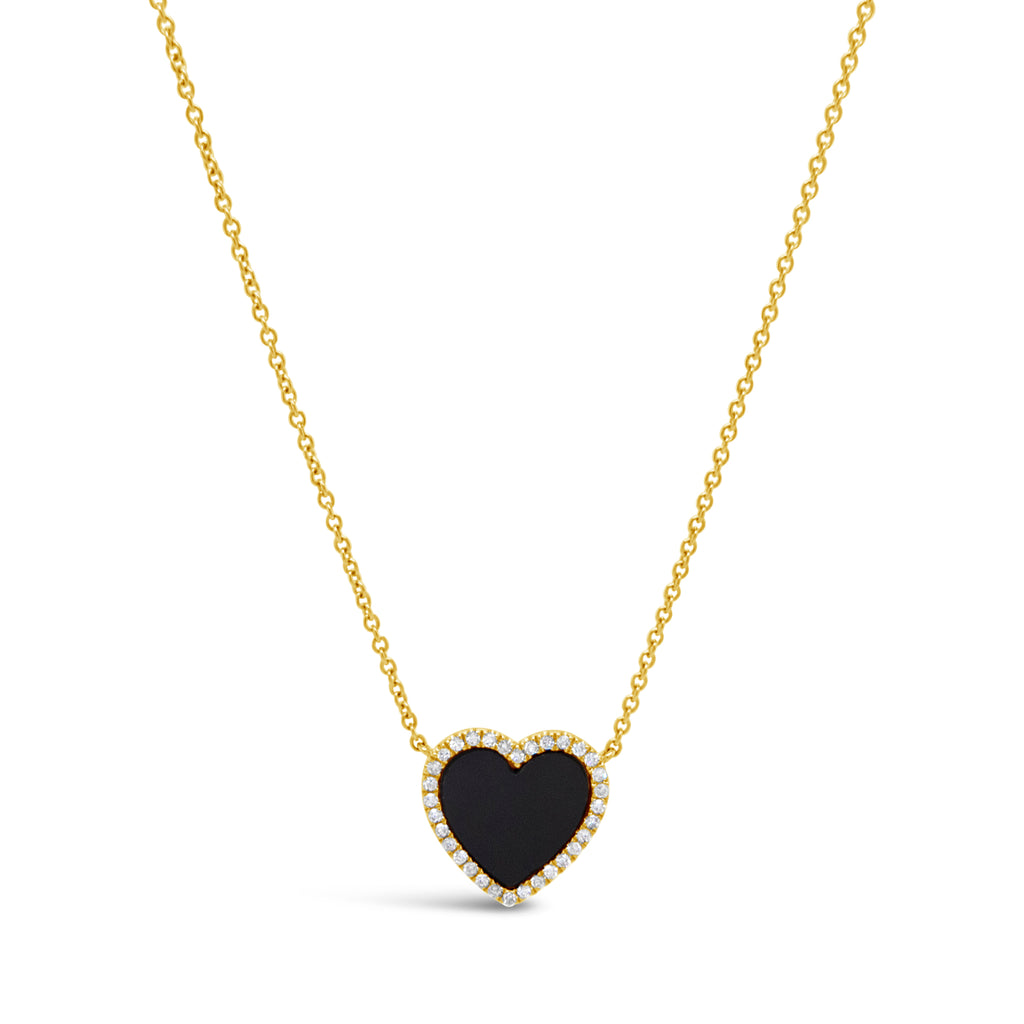 14k Yellow Gold Black Onyx and Diamond Heart Necklace