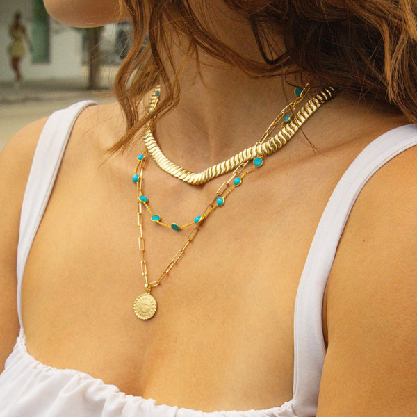 18K Yellow Gold Round Turquoise Station Necklace