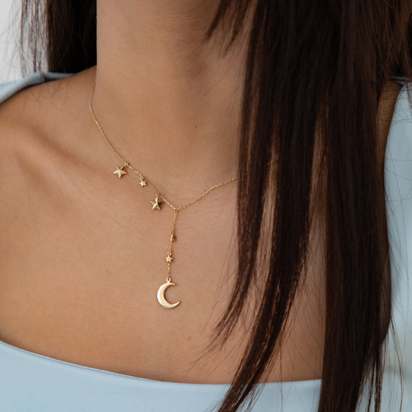 14k Yellow Gold Celestial Star and Moon Lariat Necklace