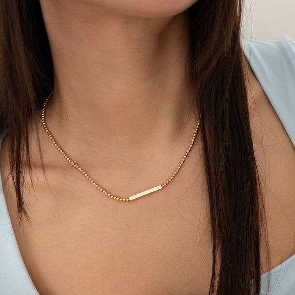 14K Yellow Gold Beaded Bar Necklace