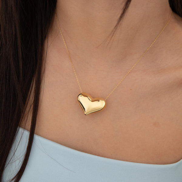 14k Yellow Gold Puffy Heart Necklace