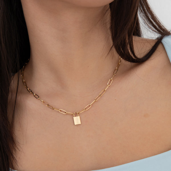 14k Yellow Gold Paper Clip Padlock Pendant Necklace