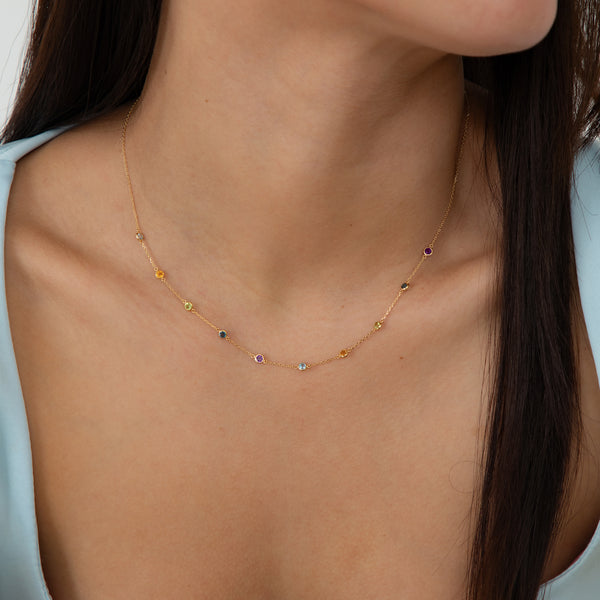 18K Yellow Gold Multi-Colored Gem Necklace