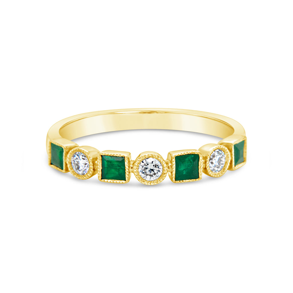 14k Yellow Gold Round Diamond & Square Emerald Band Ring