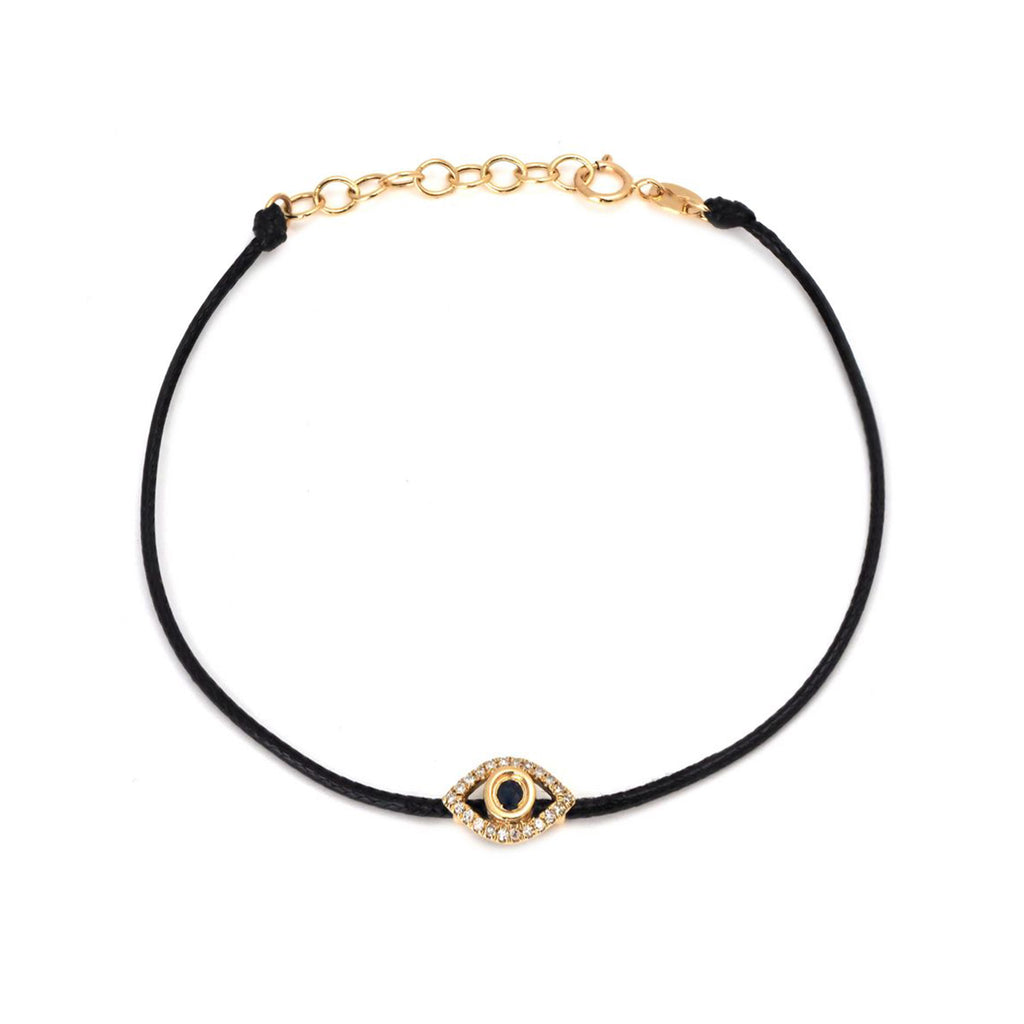 14k Yellow Gold Diamond Evil Eye Black Cord Bracelet