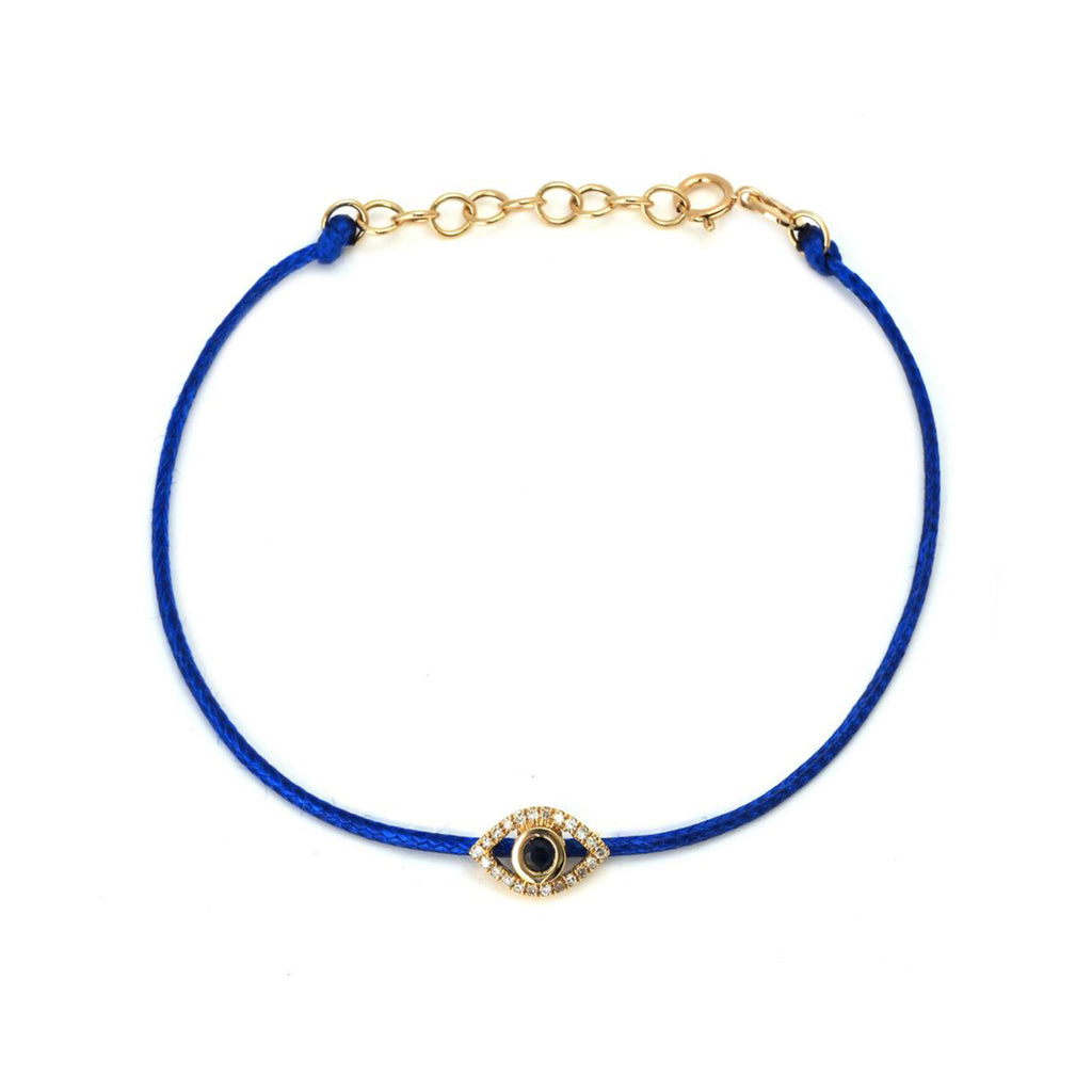 14k Yellow Gold Diamond Evil Eye Blue Cord Bracelet