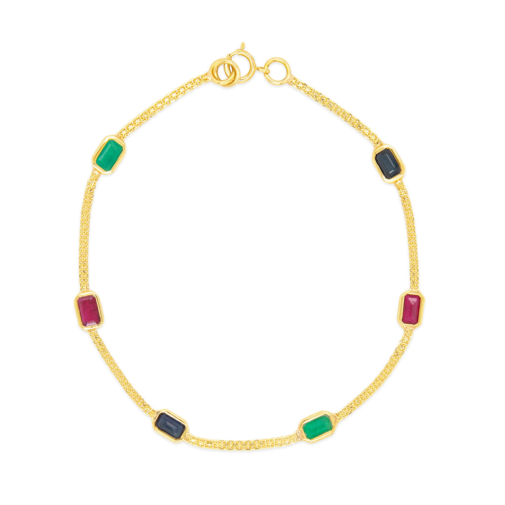 18K Yellow Gold Emerald, Ruby and Blue Sapphire Bismark Bracelet