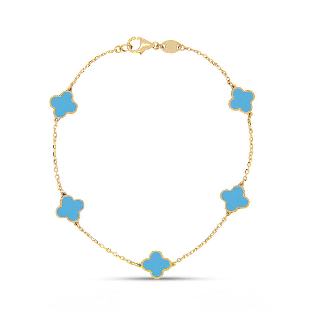 14k Yellow Gold SmallTurquoise Clover Station Bracelet