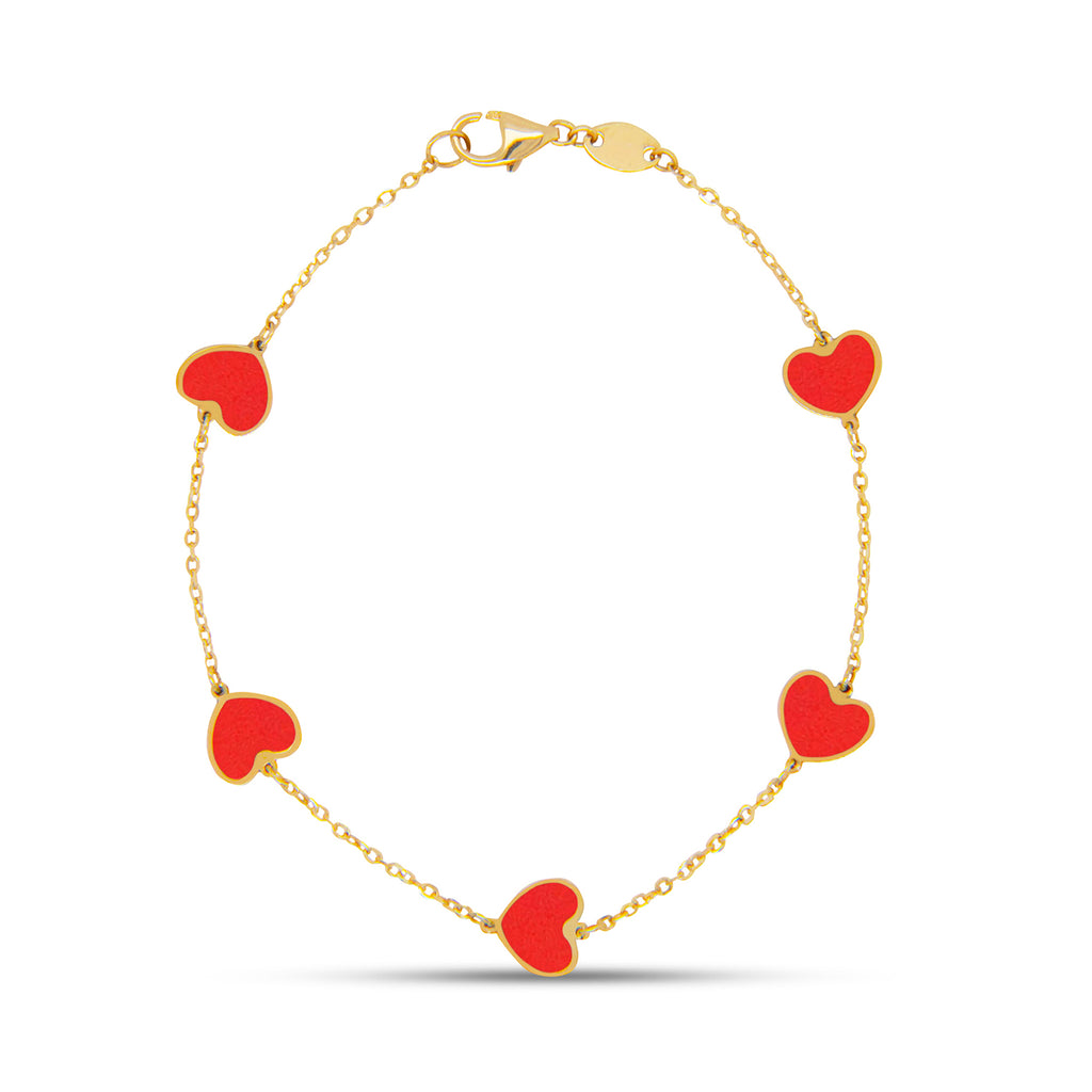 14k Yellow Gold Small Coral Heart Station Bracelet