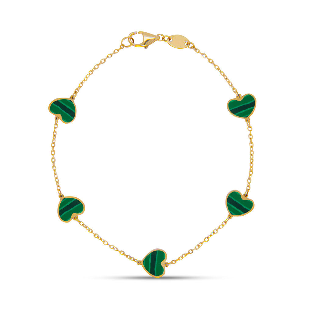 14k Yellow Gold Small Malachite Heart Station Bracelet