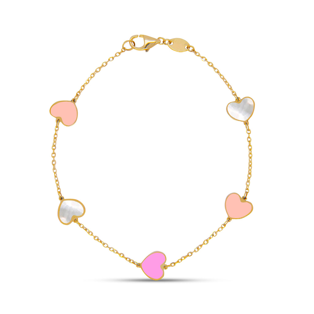 14k Yellow Gold Small Multi-Colored Heart Station Bracelet