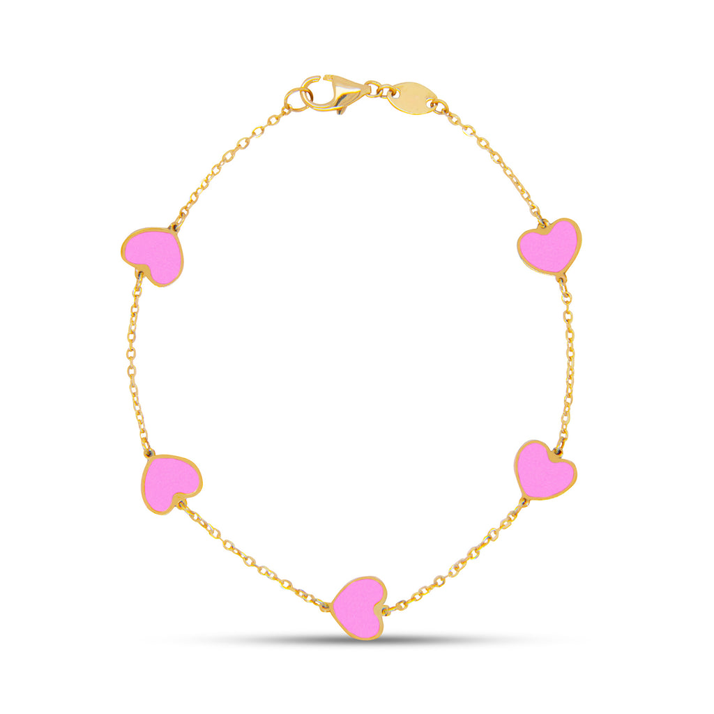 14k Yellow Gold Small Pink Heart Station Bracelet