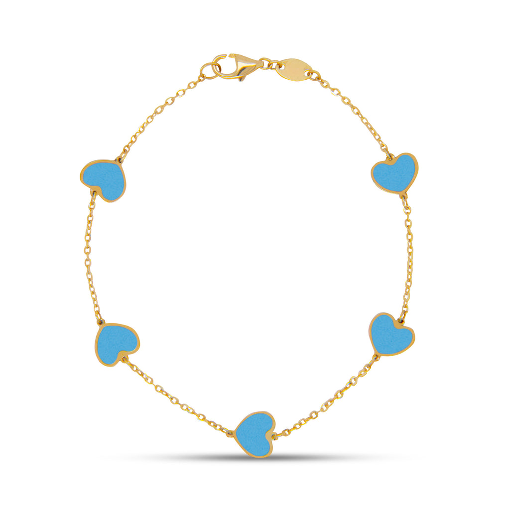 14k Yellow Gold Small Turquoise Heart Station Bracelet