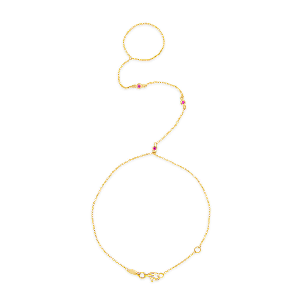 14k Yellow Gold 3 Bezel Red CZ Hand Chain Bracelet