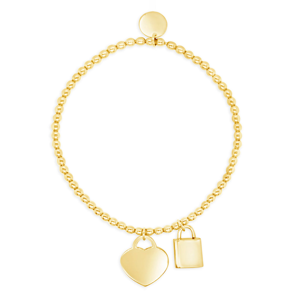 14k Yellow Gold Beaded Heart & Lock Stretch Bracelet