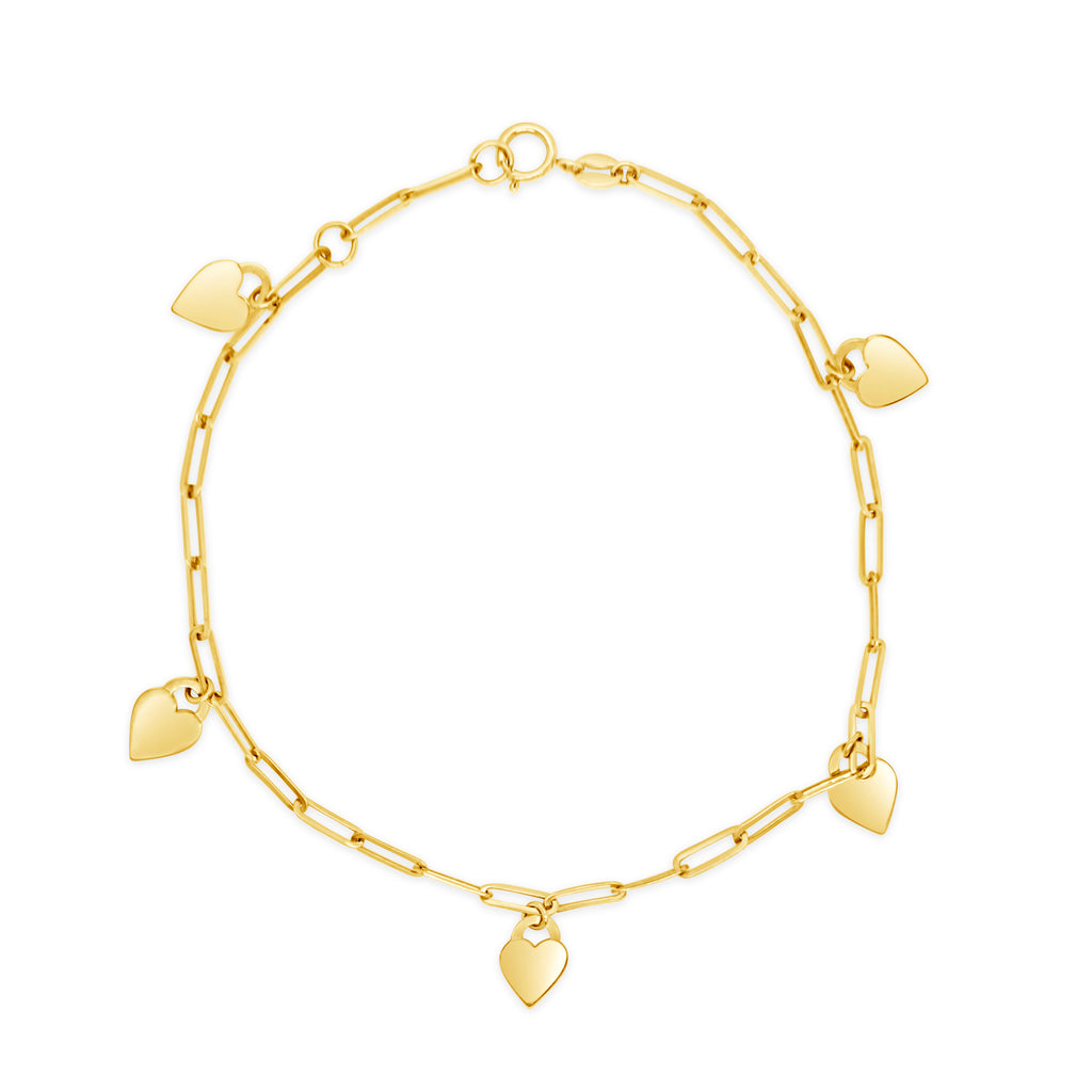 14k Yellow Gold Heart Charm Paper Clip Chain Bracelet