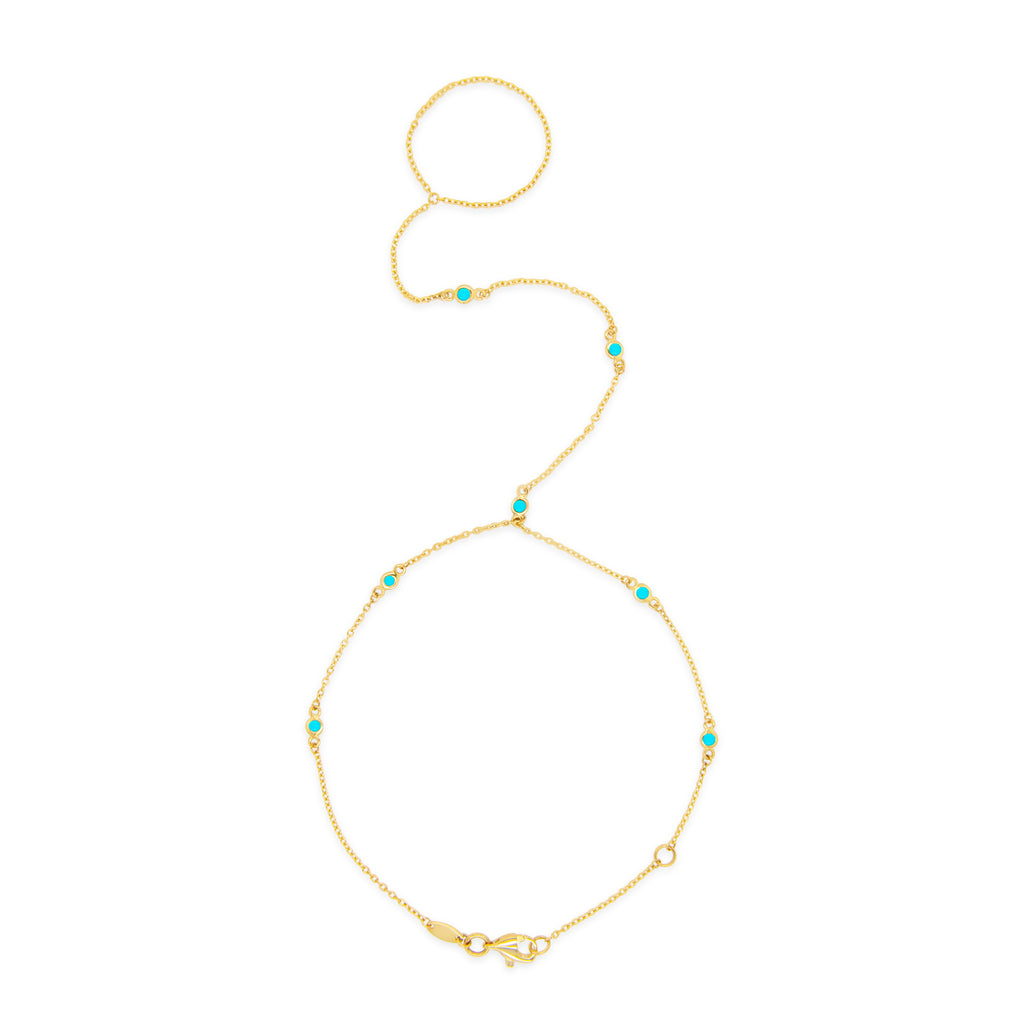 14k Yellow Gold 7 Bezel Turquoise Hand Chain Bracelet