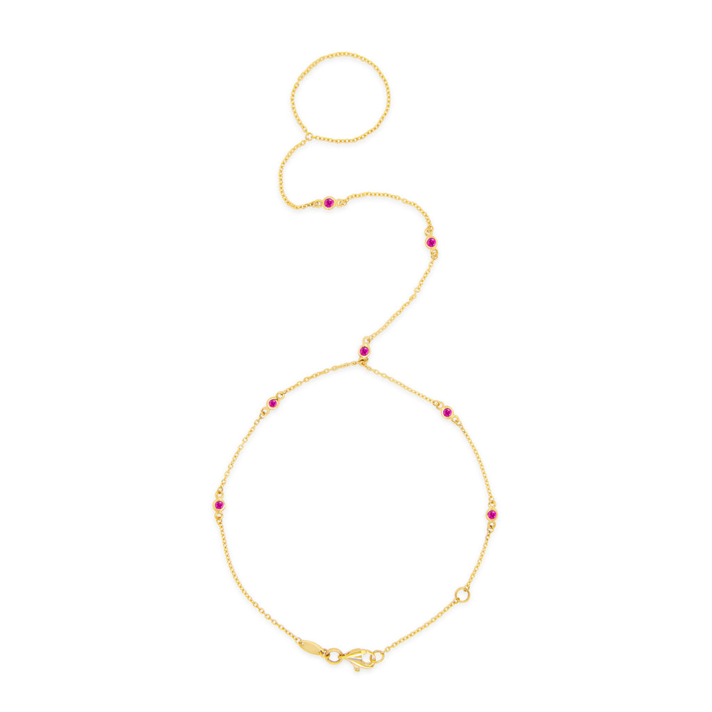 14k Yellow Gold 7 Bezel Red CZ Hand Chain Bracelet