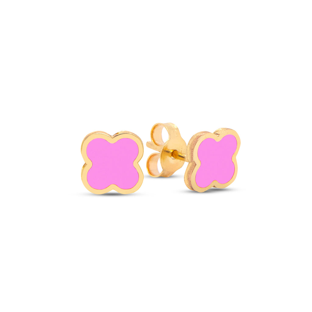 14k Yellow Gold Pink Clover Stud Earrings