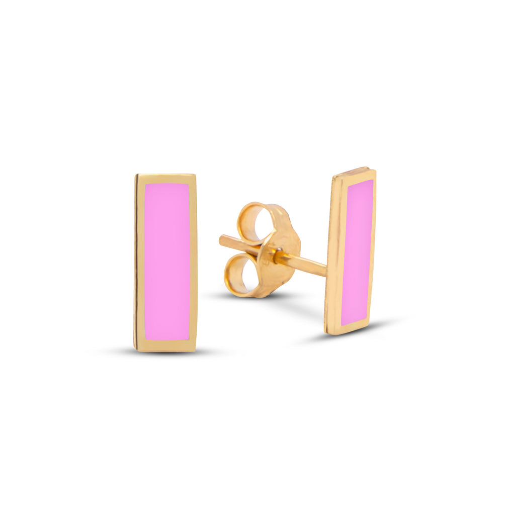 14k Yellow Gold Pink Bar Stud Earrings