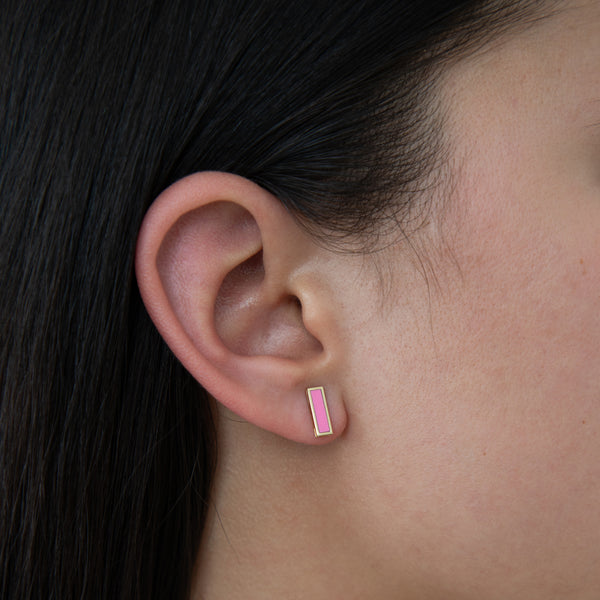 14k Yellow Gold Pink Bar Stud Earrings