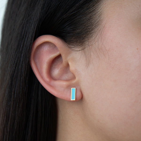 14k Yellow Gold Turquoise Bar Stud Earrings