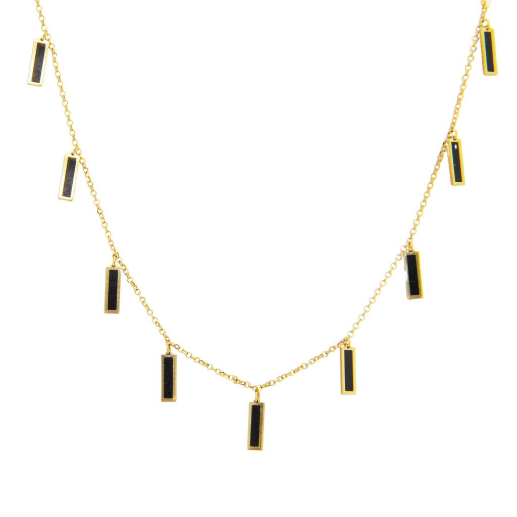 14k Yellow Gold Dangle Black Onyx Bars Necklace