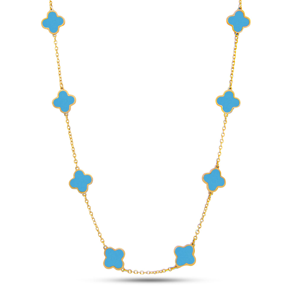 14k Yellow Gold Small Turquoise Clover Station Necklace