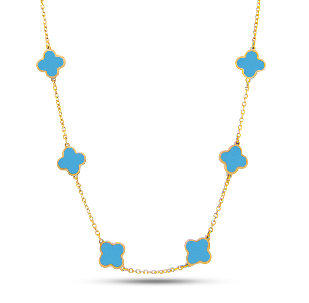 14k Yellow Gold Turquoise Clover Station Necklace