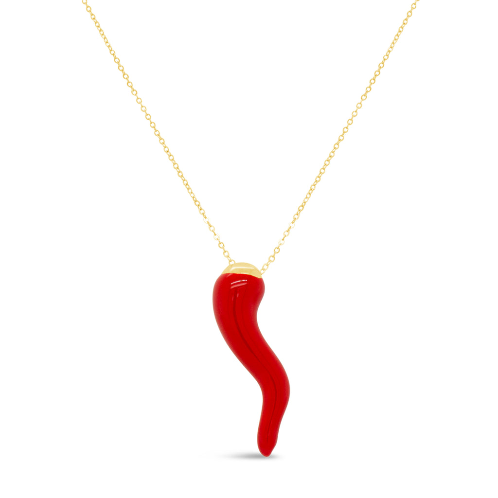 14k Yellow Gold Red Enamel Italian Horn Pendant Necklace