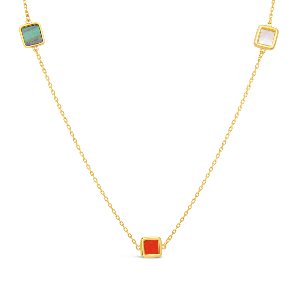 14k Yellow Gold Multi-Colored Square Gem Station Necklace