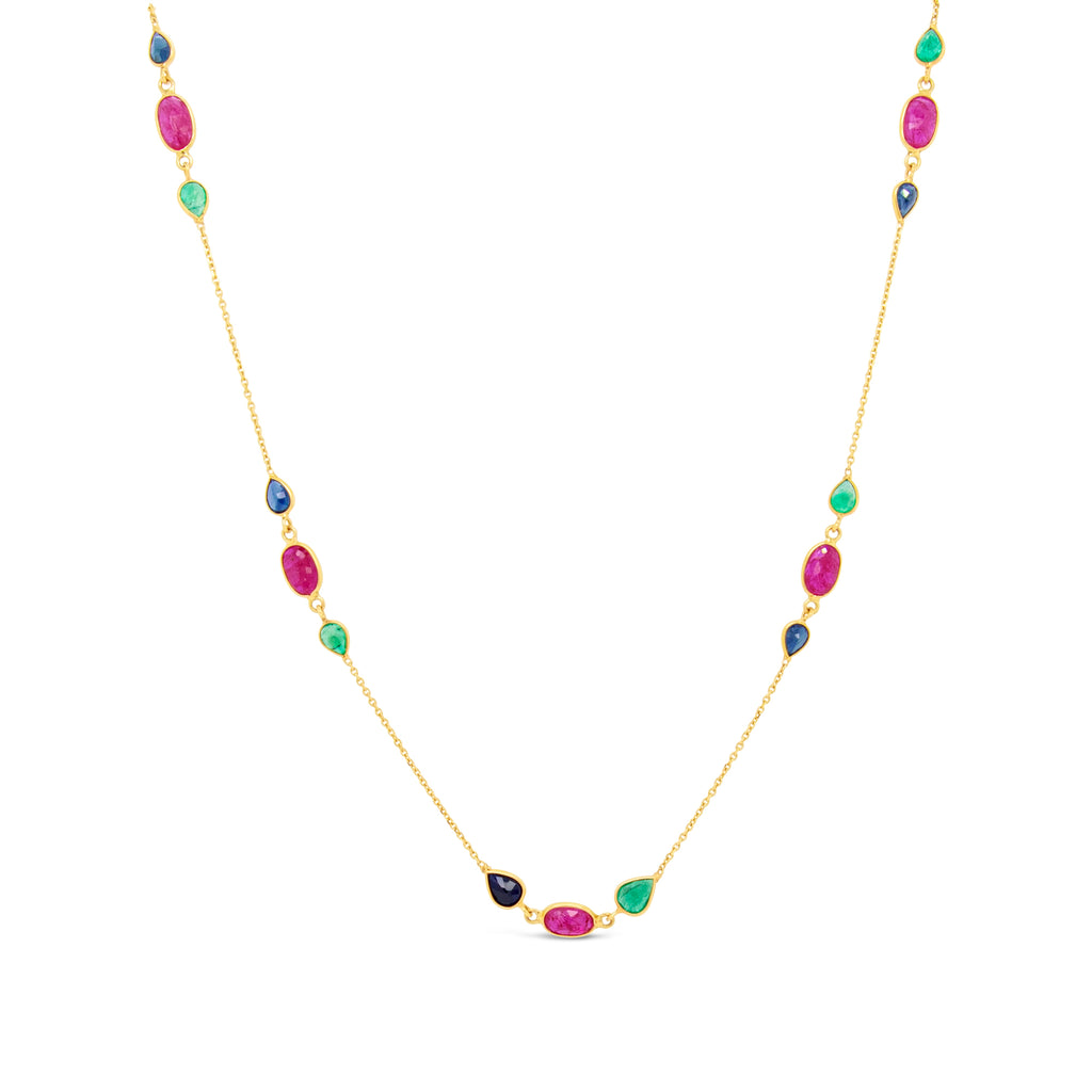 18K Yellow Gold Emerald, Ruby and Sapphire Station Necklace