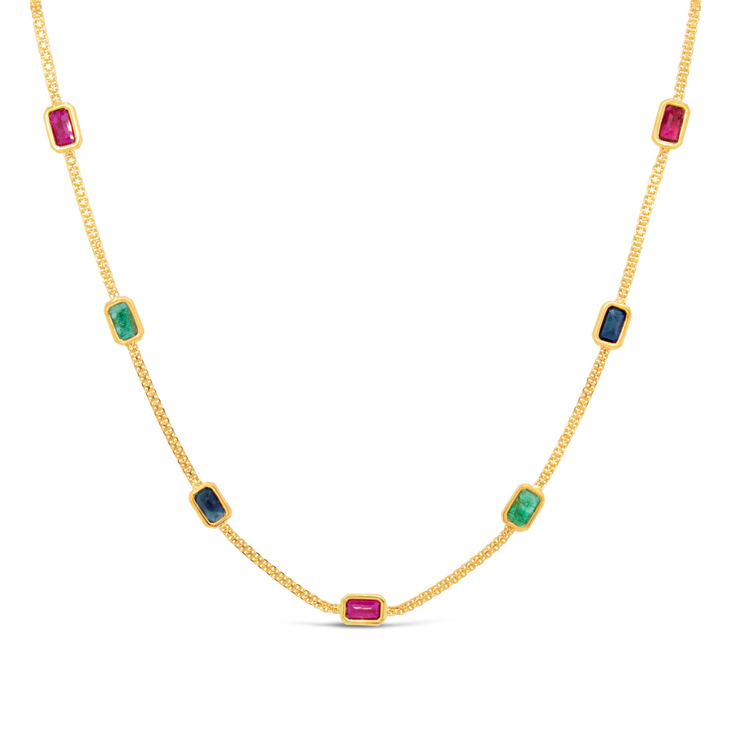 18K Yellow Gold Emerald, Ruby and Sapphire Bismark Chain Necklace