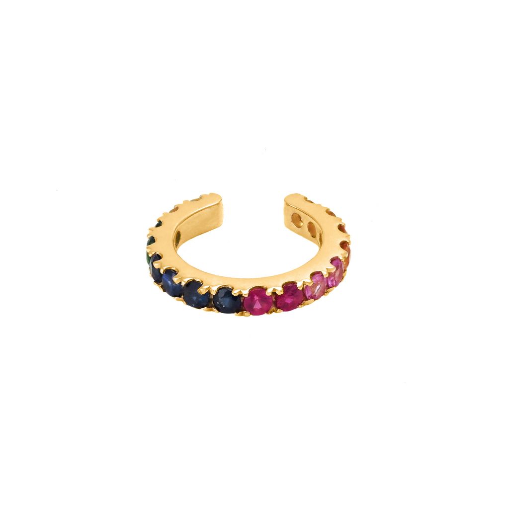 14k Yellow Gold Multi-Colored Rainbow Gem Ear Cuff Earring